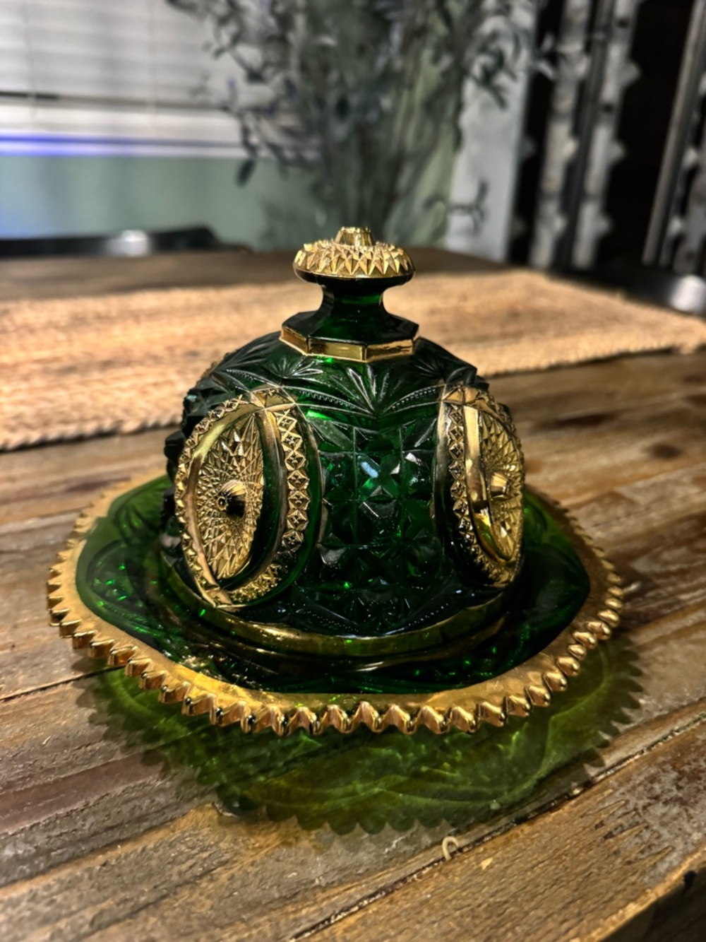 Green and Gold Antique Butter Dish